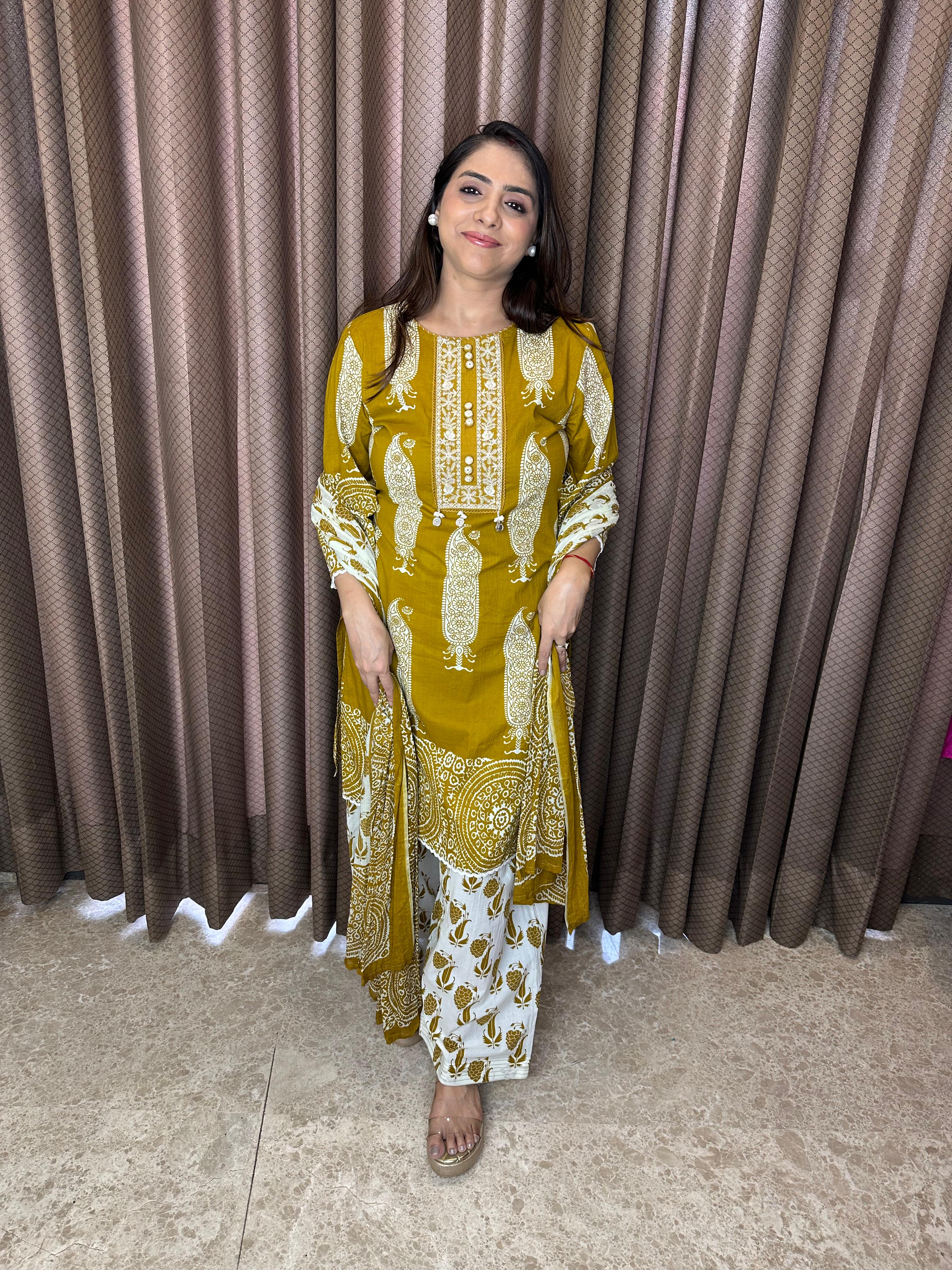 Mustard Printed Farshi Set with Dupatta