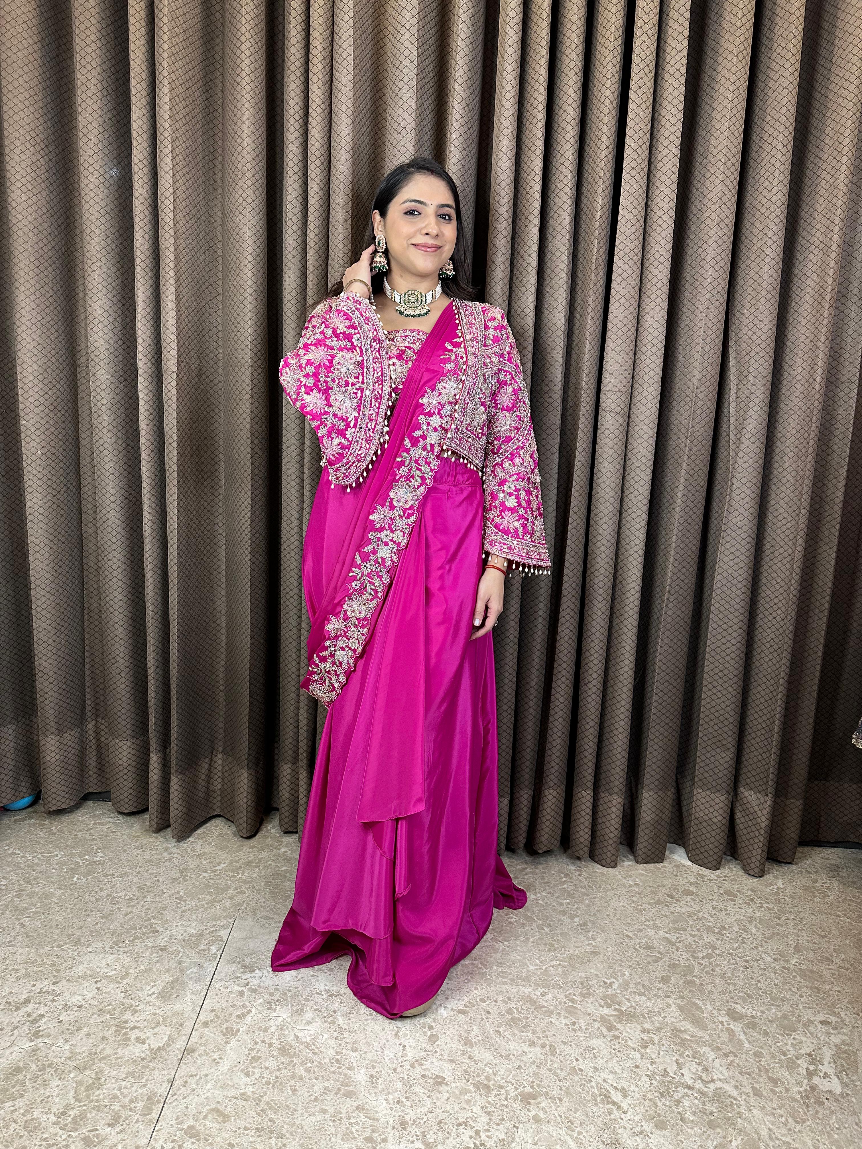 Pink Hand Embroidered Saree with Jacket & Blouse