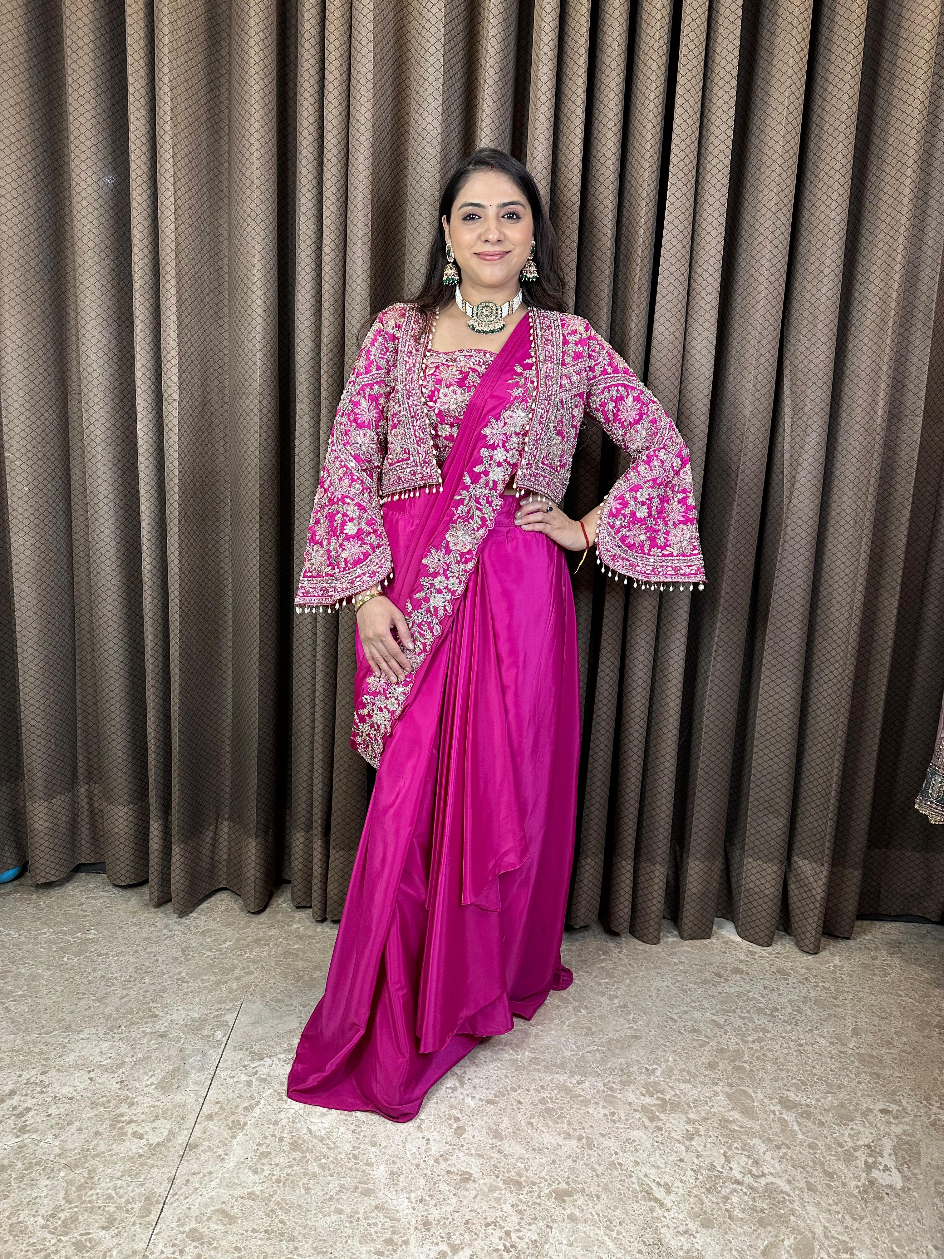 Pink Hand Embroidered Saree with Jacket & Blouse