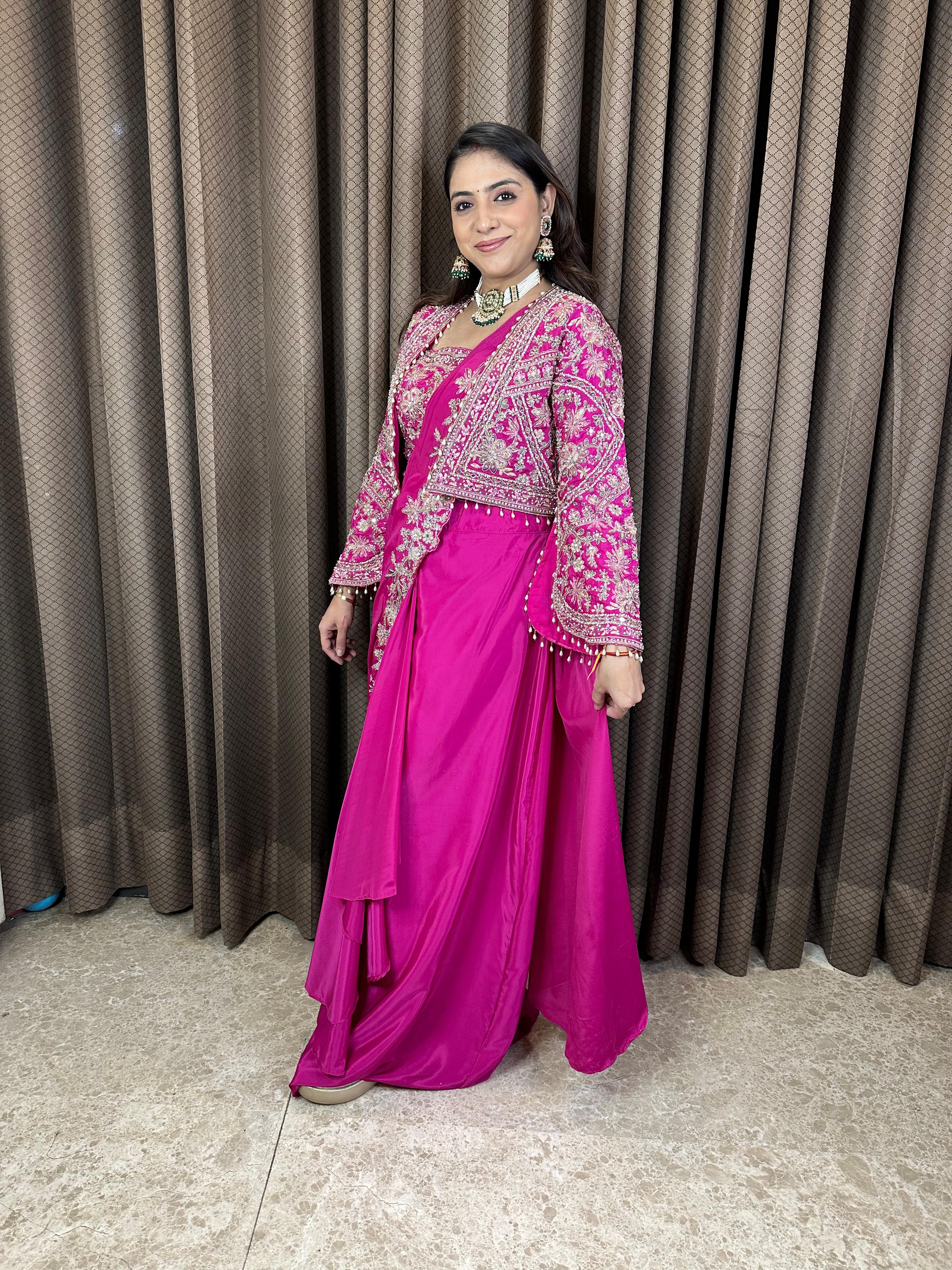 Pink Hand Embroidered Saree with Jacket & Blouse