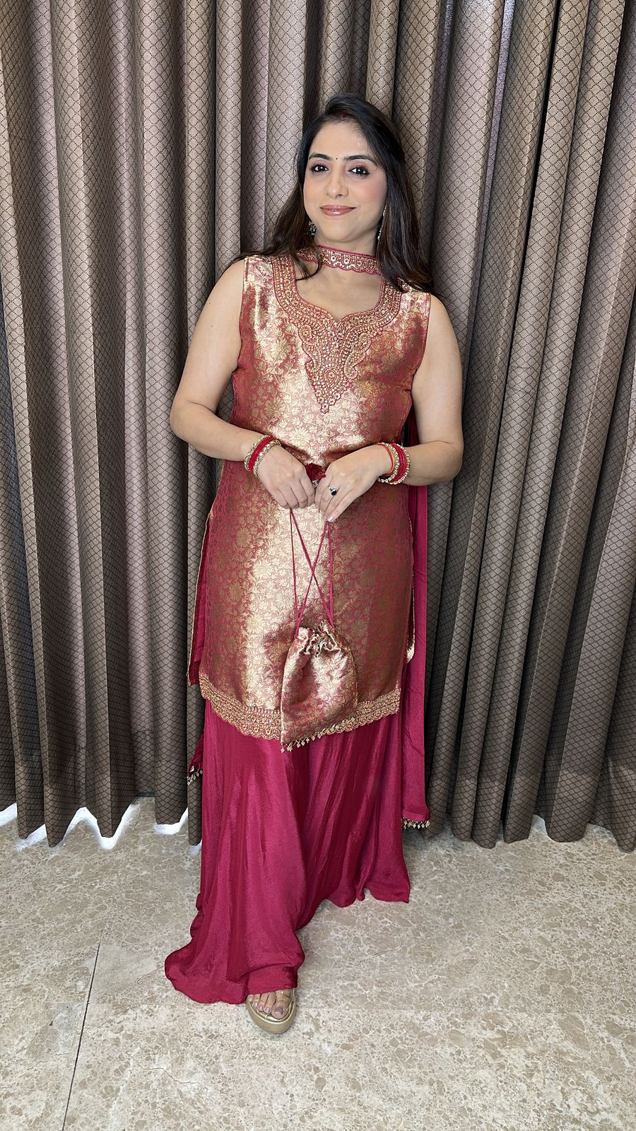 Maroon Brocade Palazzo Set with Designer Dupatta and Potli