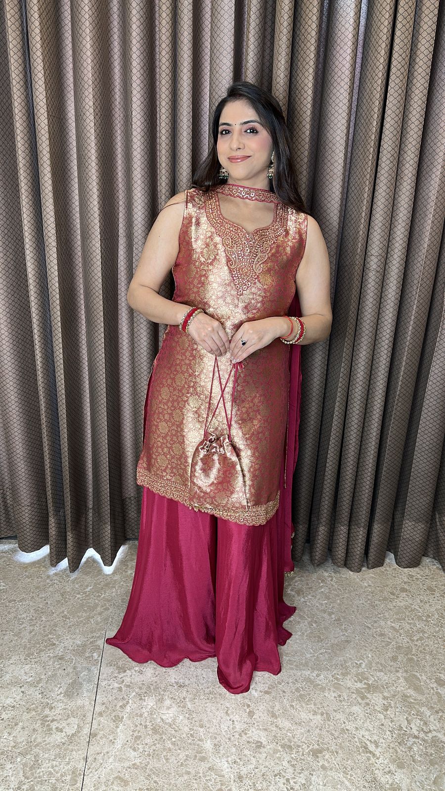 Maroon Brocade Palazzo Set with Designer Dupatta and Potli