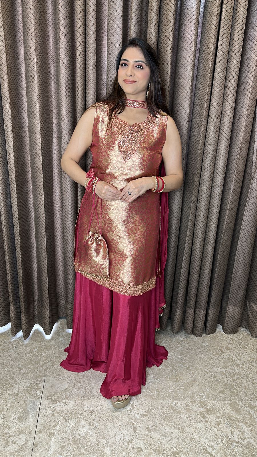 Maroon Brocade Palazzo Set with Designer Dupatta and Potli