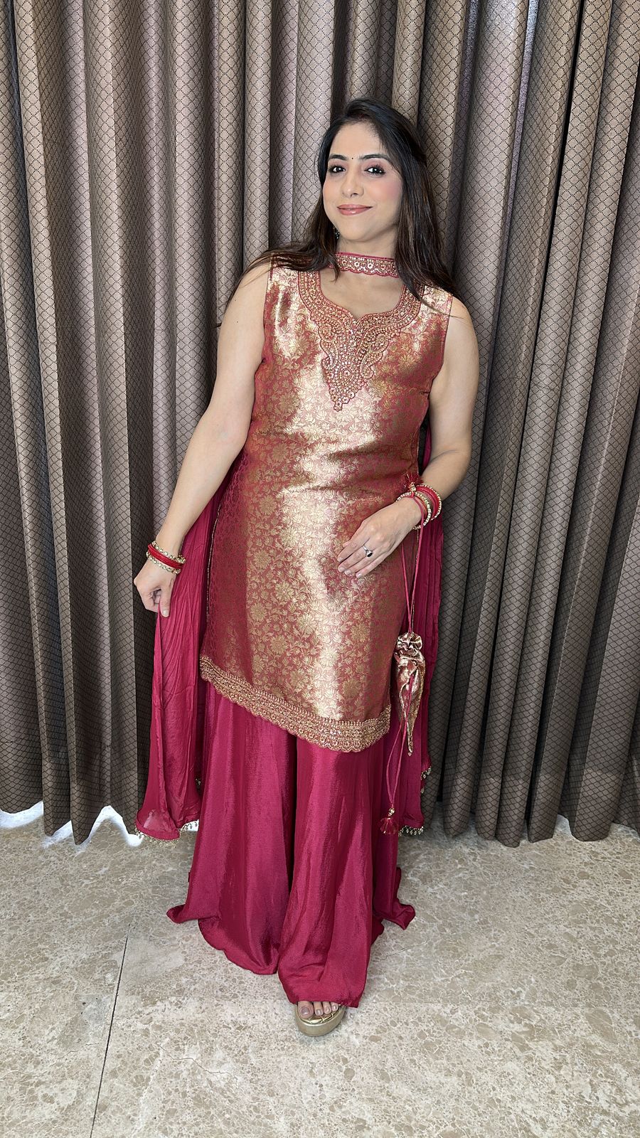 Maroon Brocade Palazzo Set with Designer Dupatta and Potli