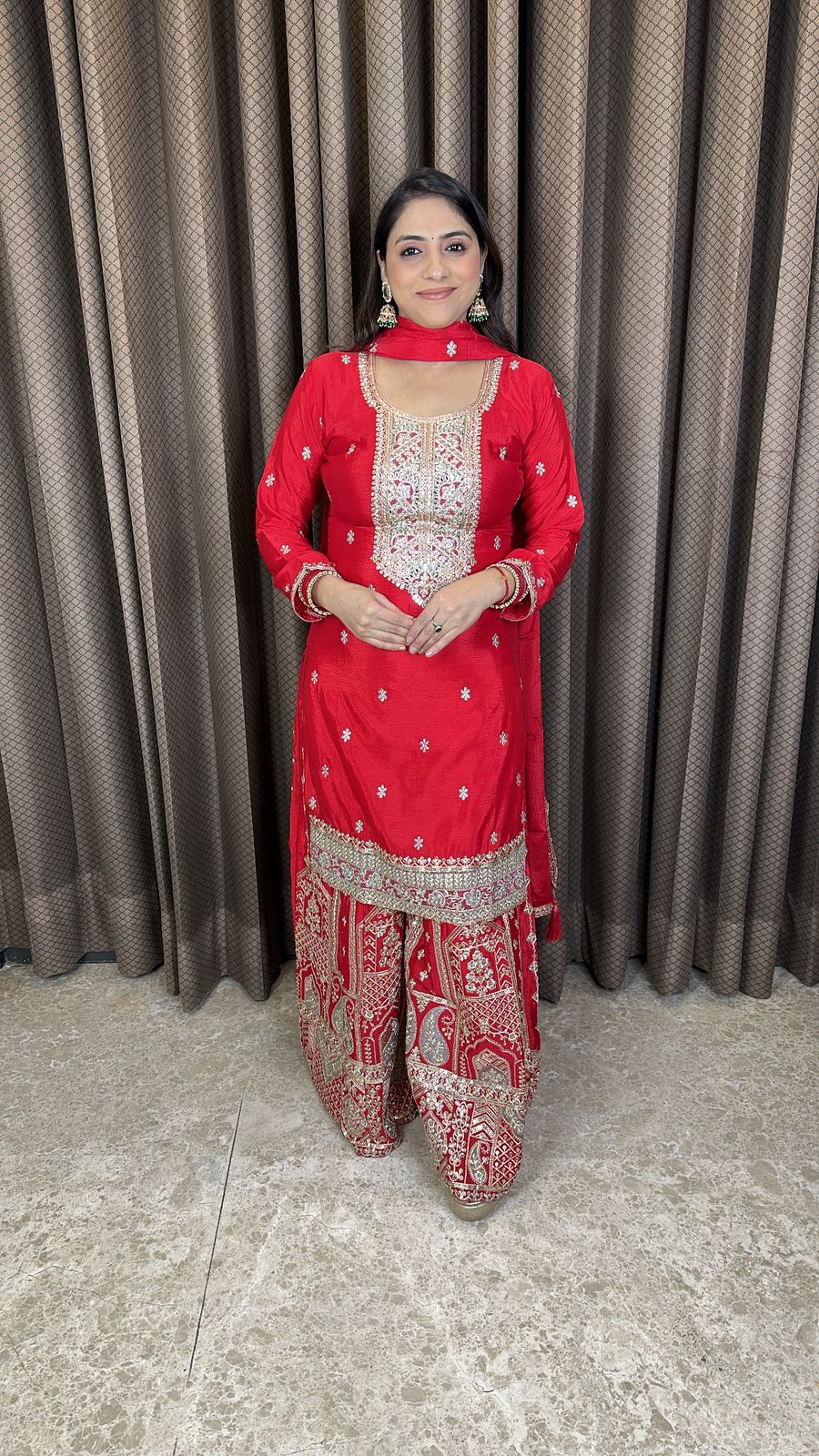 Red Heavy Embroidered Palazzo Set with Dupatta