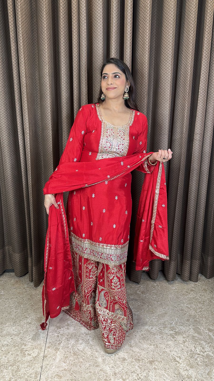 Red Heavy Embroidered Palazzo Set with Dupatta