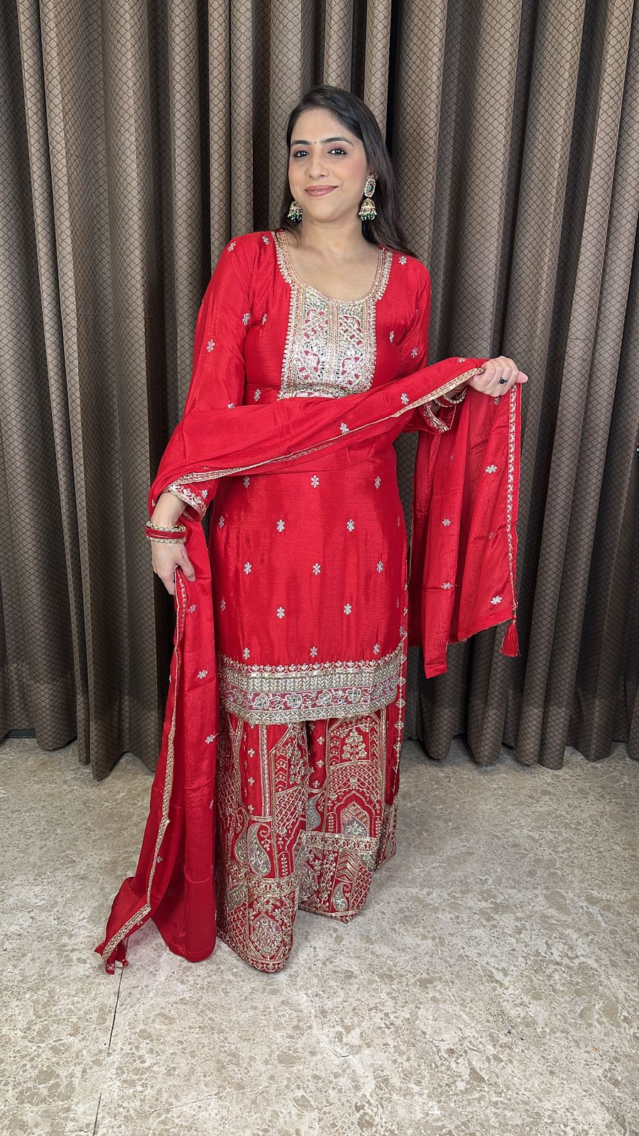 Red Heavy Embroidered Palazzo Set with Dupatta