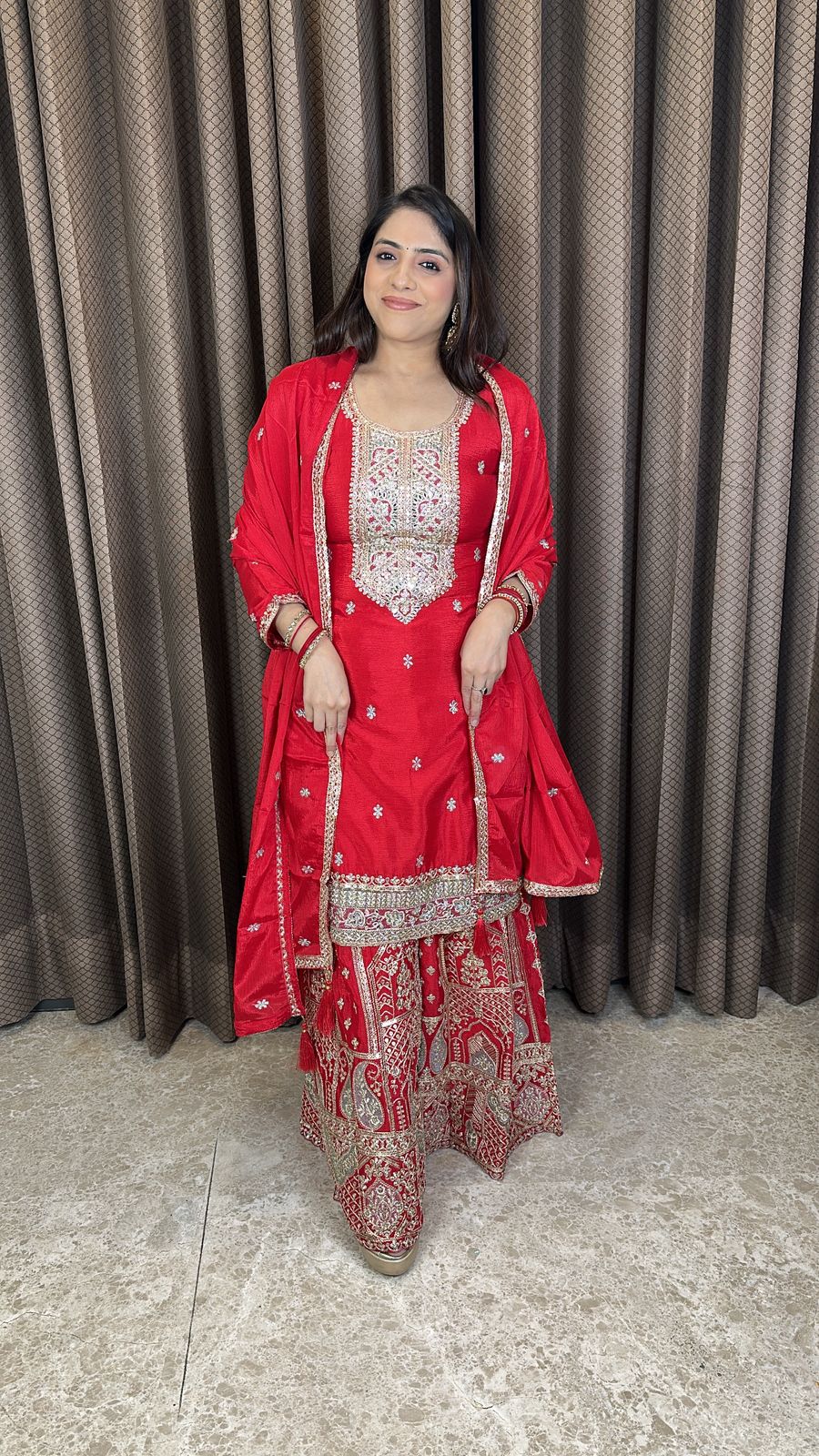 Red Heavy Embroidered Palazzo Set with Dupatta