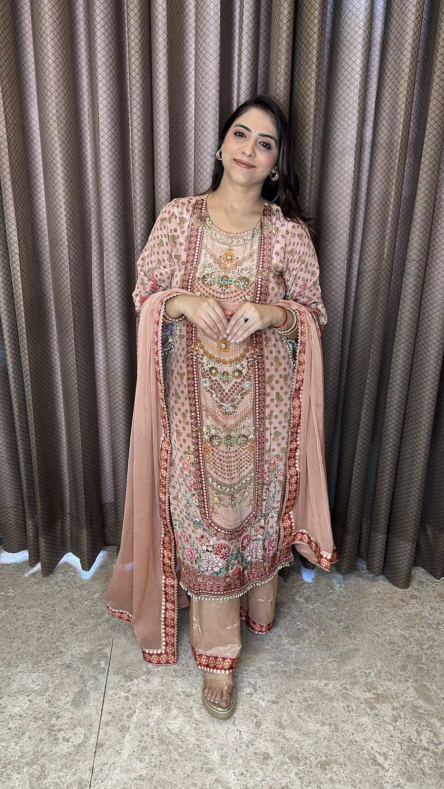 Peach Floral Embroidered Kurta Palazzo Set with Dupatta