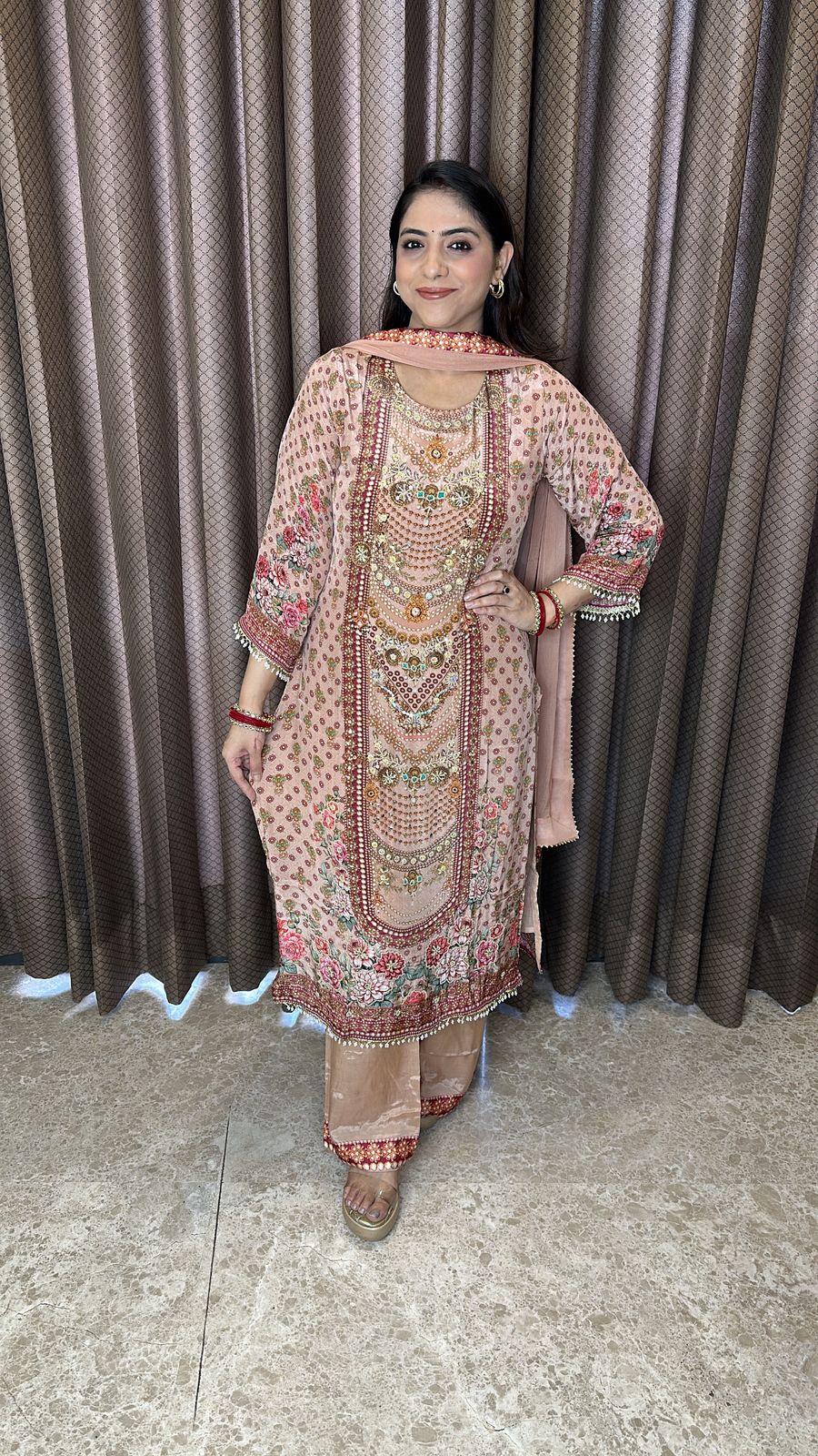 Peach Floral Embroidered Kurta Palazzo Set with Dupatta