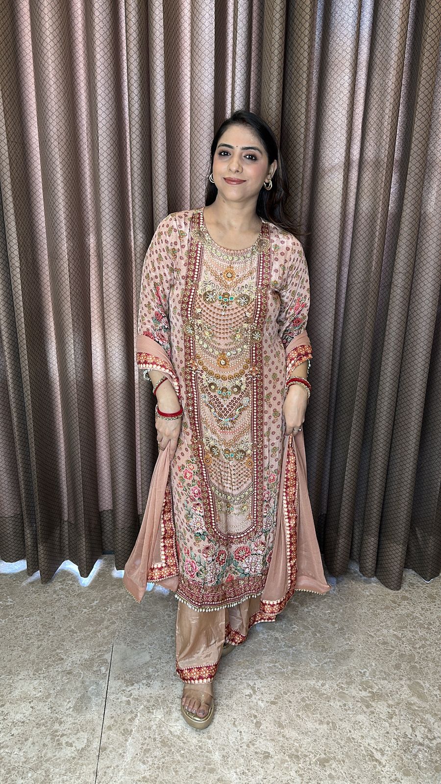 Peach Floral Embroidered Kurta Palazzo Set with Dupatta