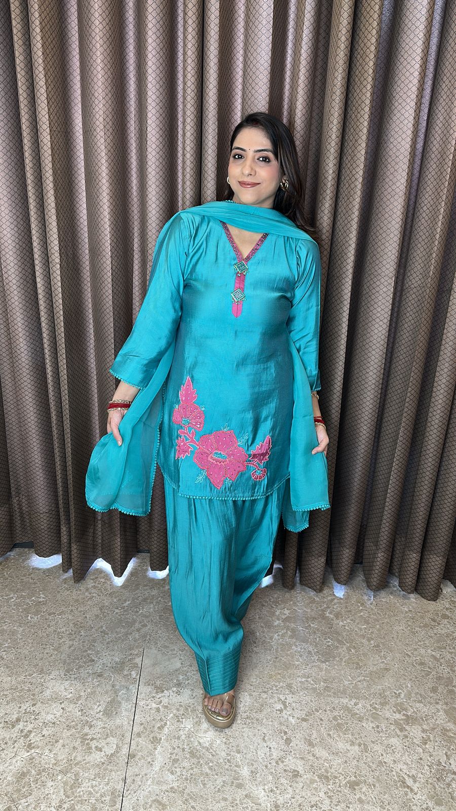 Teal Blue Floral Embroidered Kurta with Farshi Salwar & Dupatta