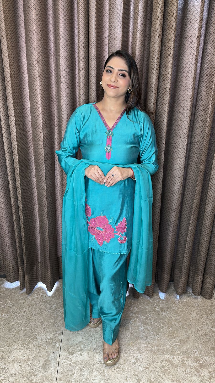 Teal Blue Floral Embroidered Kurta with Farshi Salwar & Dupatta