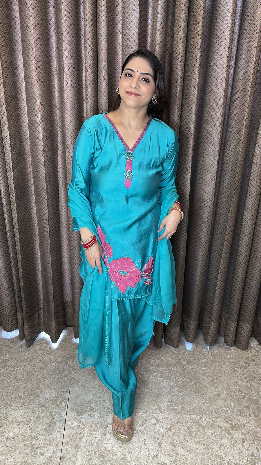 Teal Blue Floral Embroidered Kurta with Farshi Salwar & Dupatta