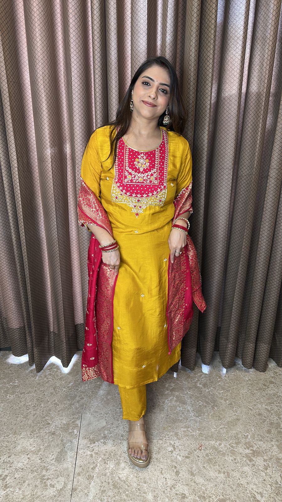 Mustard Yellow Embroidered Kurta Set with Contrast Red Dupatta