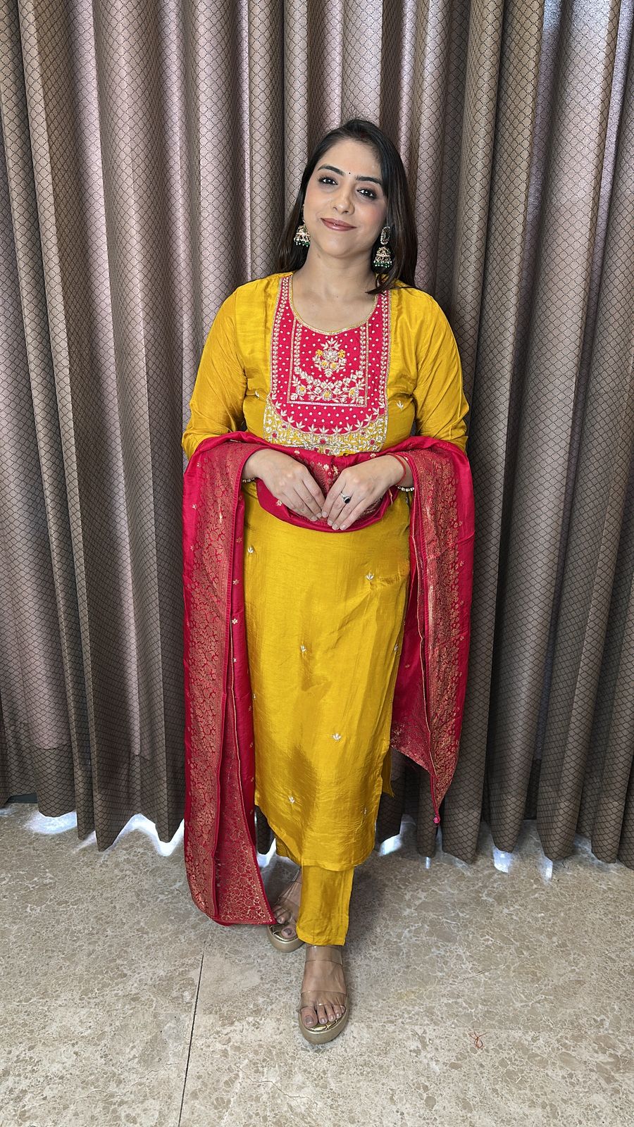 Mustard Yellow Embroidered Kurta Set with Contrast Red Dupatta