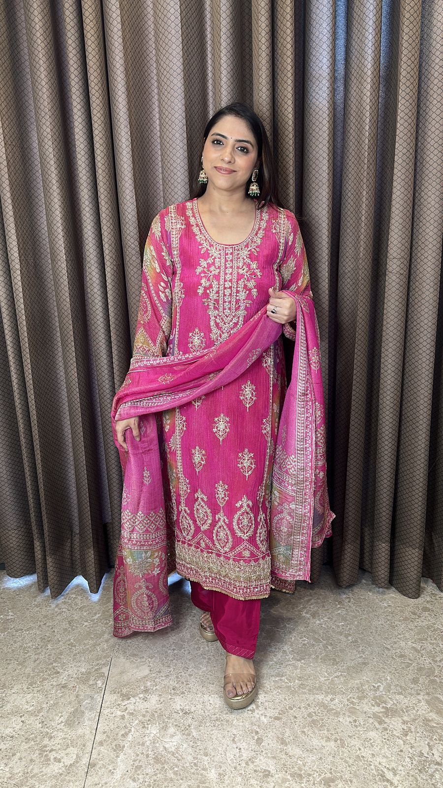 Rani Pink Embroidered Kurta Set with Printed Dupatta