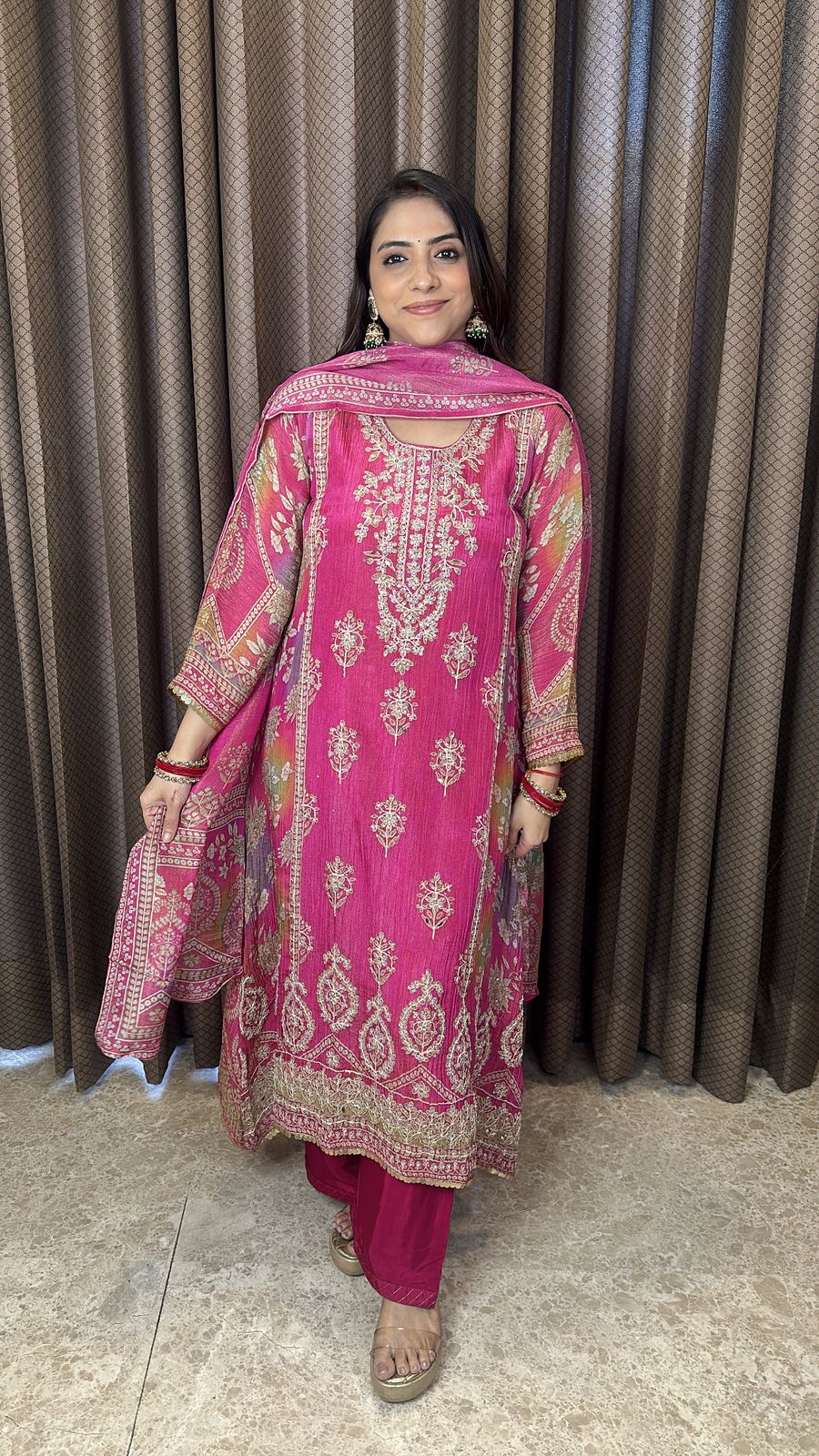 Rani Pink Embroidered Kurta Set with Printed Dupatta