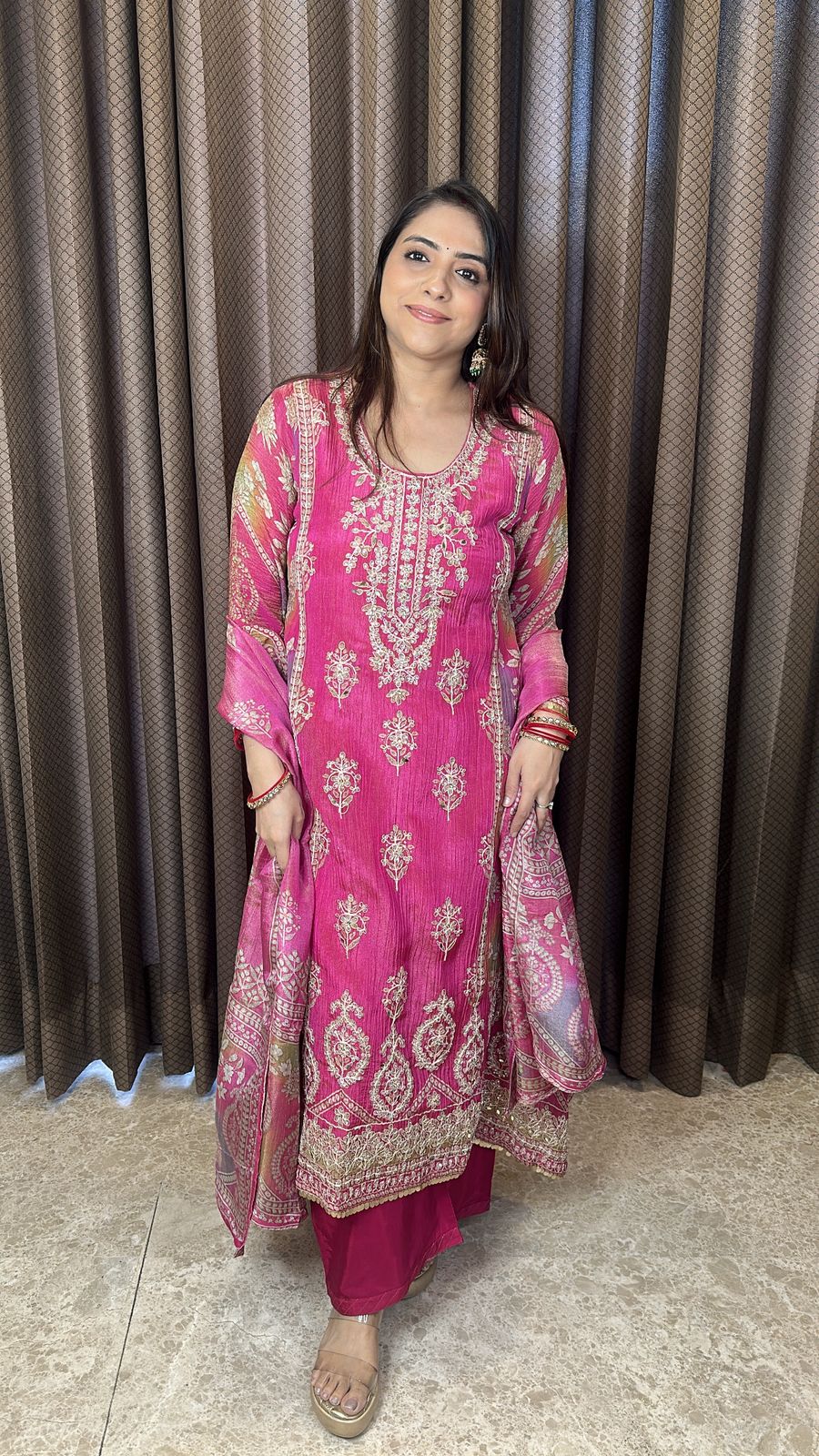 Rani Pink Embroidered Kurta Set with Printed Dupatta