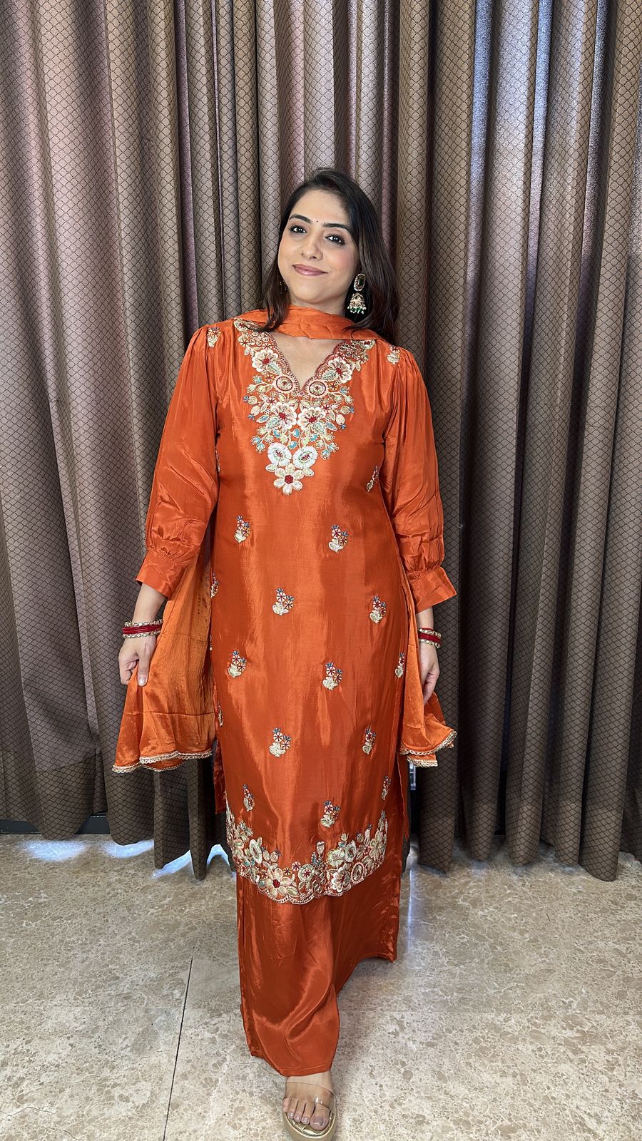 Rust Orange Embroidered Kurta Set with Dupatta