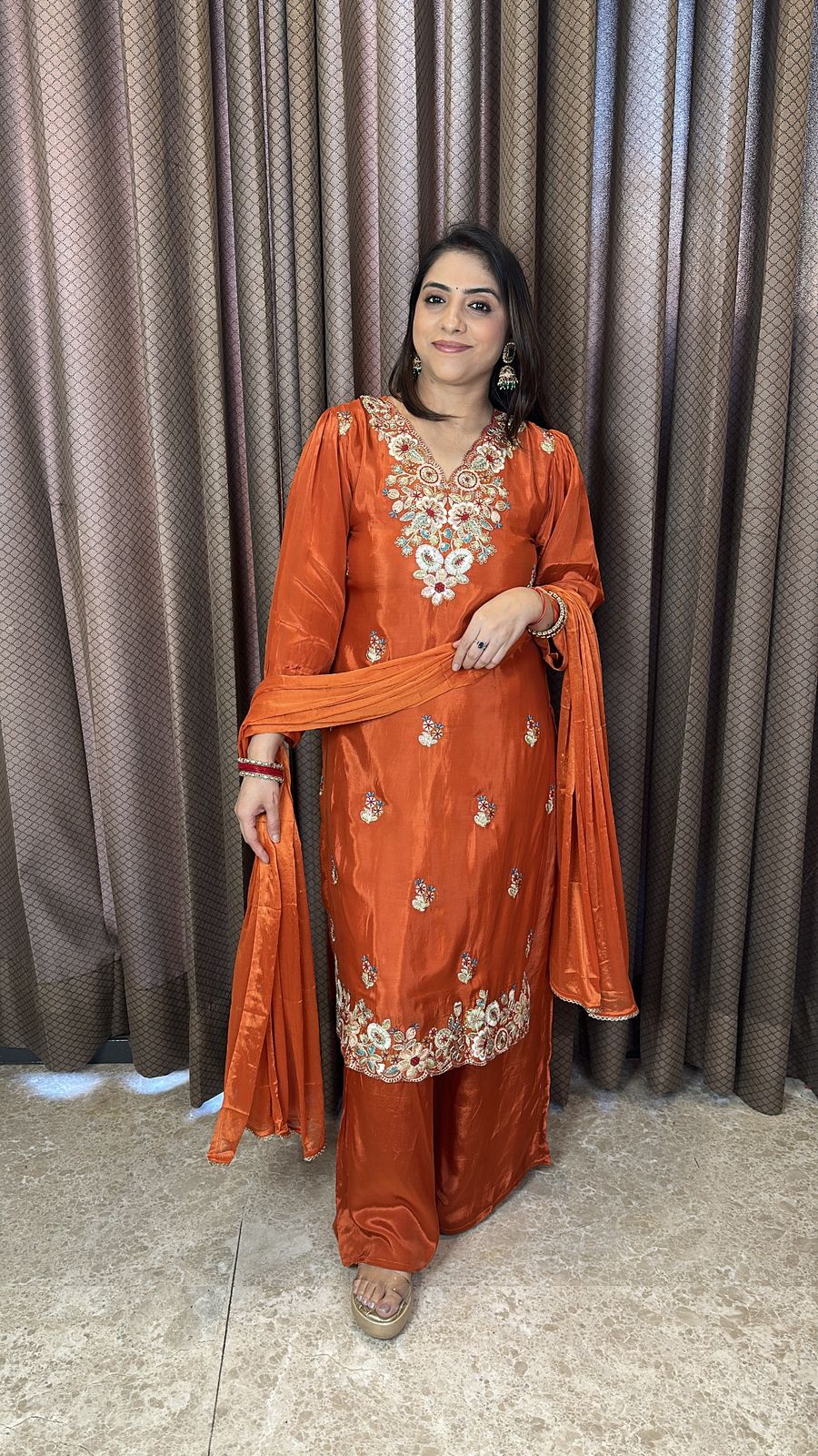 Rust Orange Embroidered Kurta Set with Dupatta