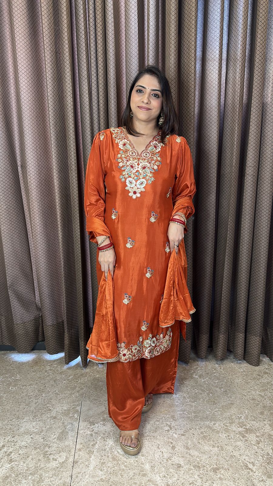Rust Orange Embroidered Kurta Set with Dupatta
