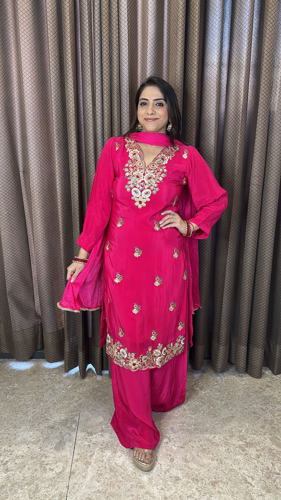 Hot Pink Embroidered Floral Straight Suit with Dupatta