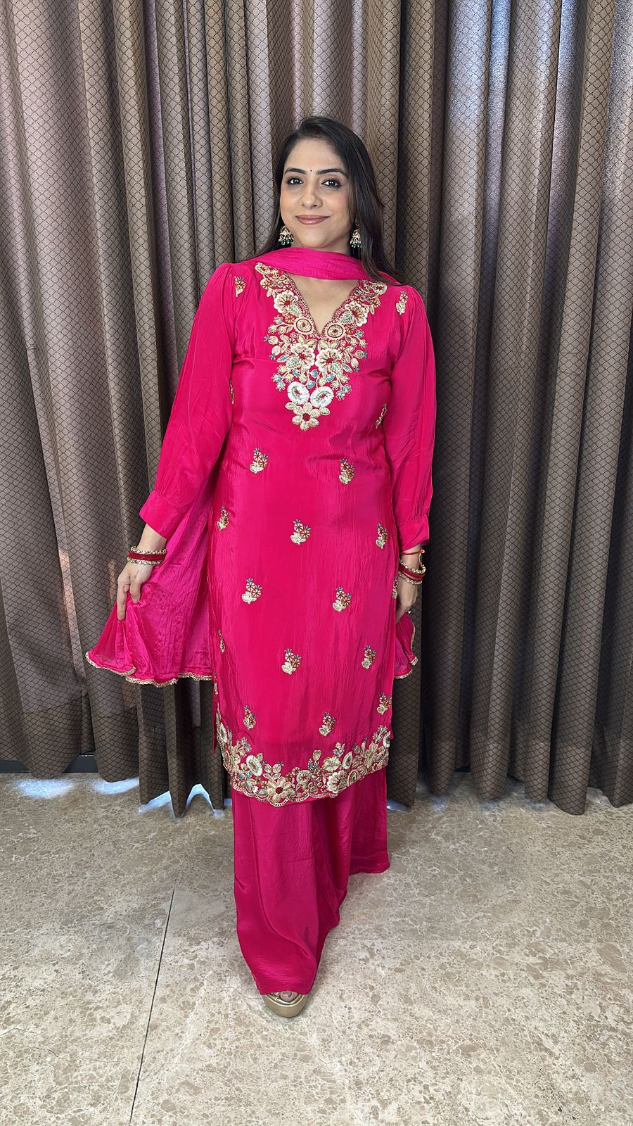 Hot Pink Embroidered Floral Straight Suit with Dupatta