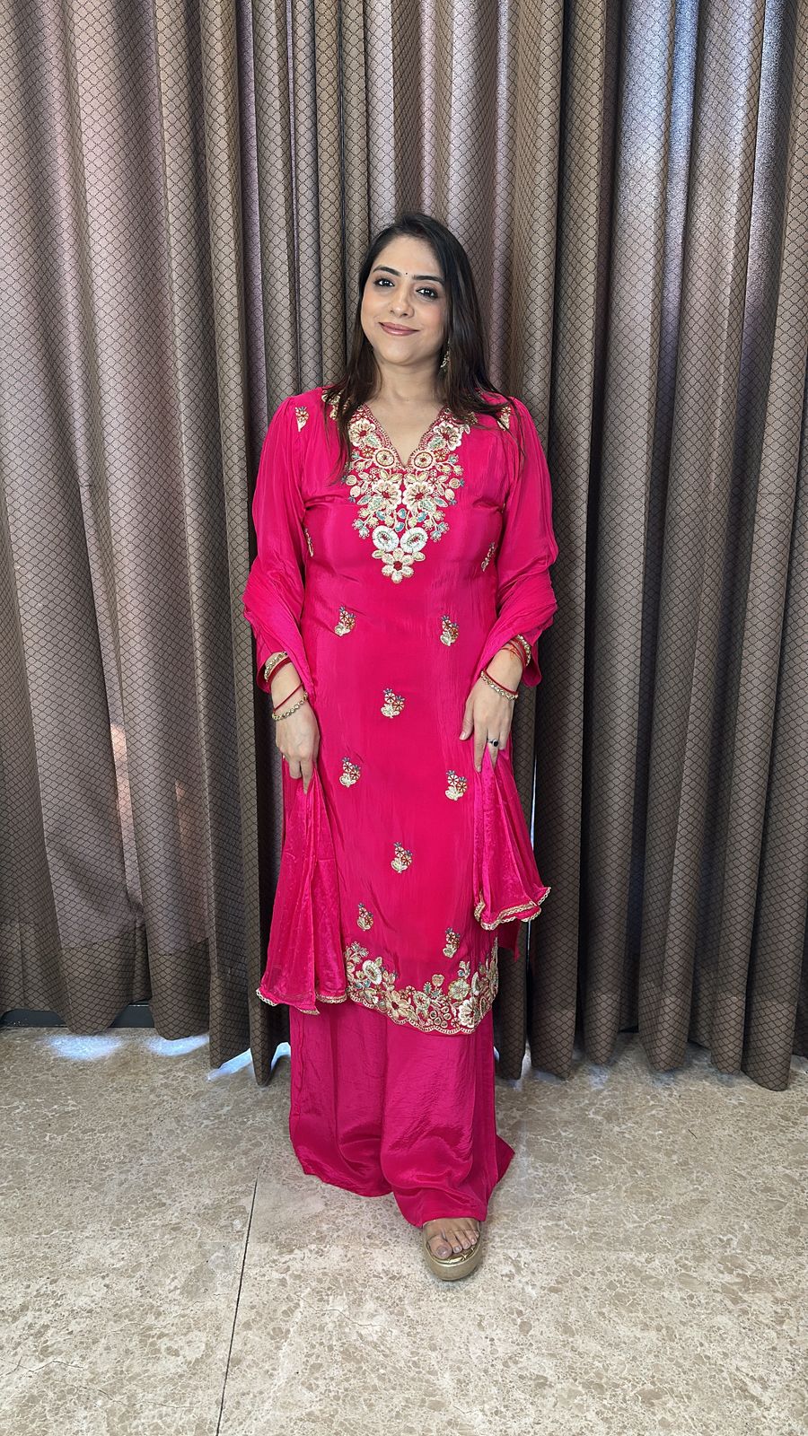 Hot Pink Embroidered Floral Straight Suit with Dupatta