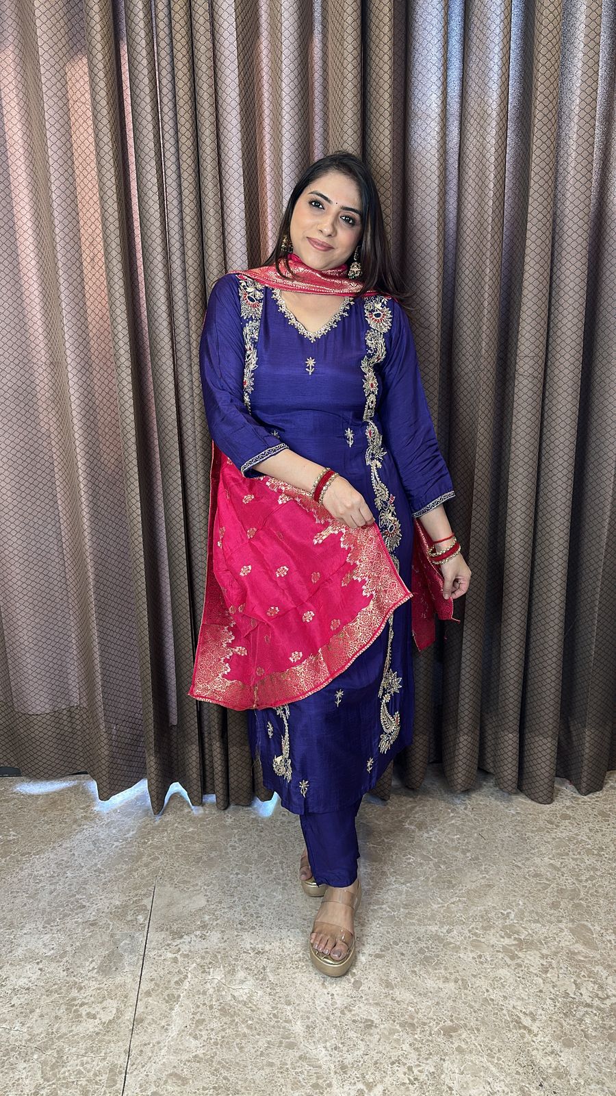 Purple Embroidered Straight Suit with Contrast Dupatta
