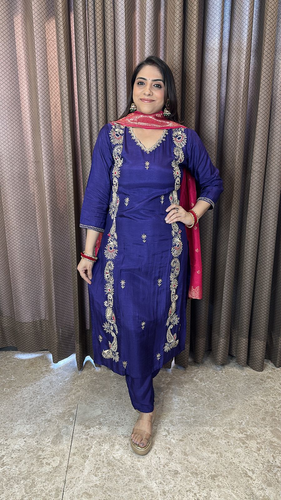 Purple Embroidered Straight Suit with Contrast Dupatta