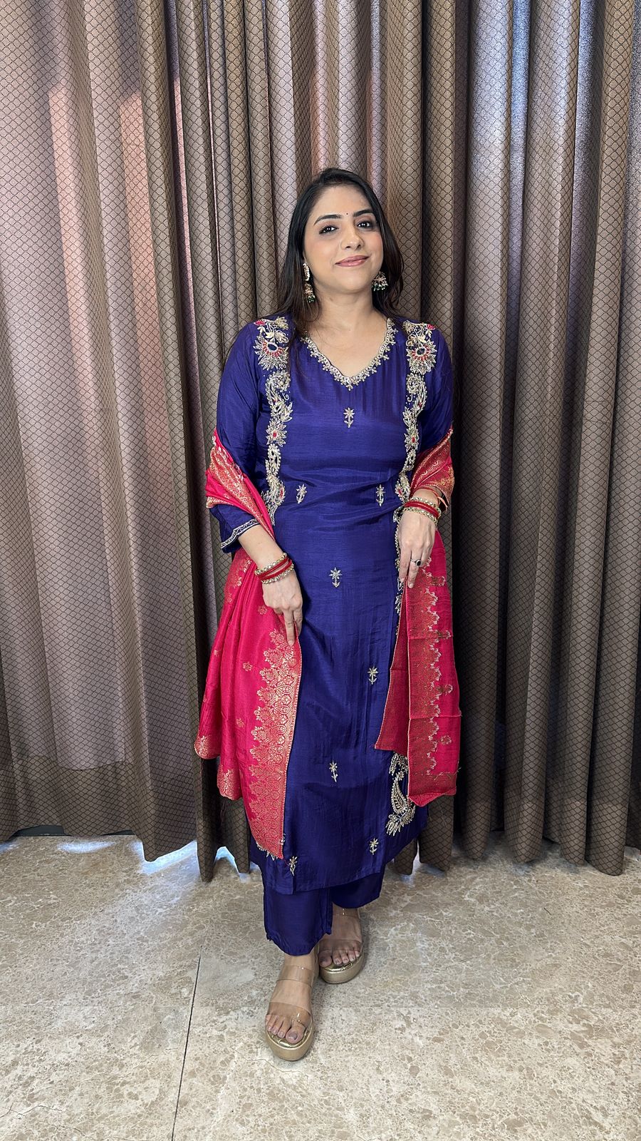 Purple Embroidered Straight Suit with Contrast Dupatta