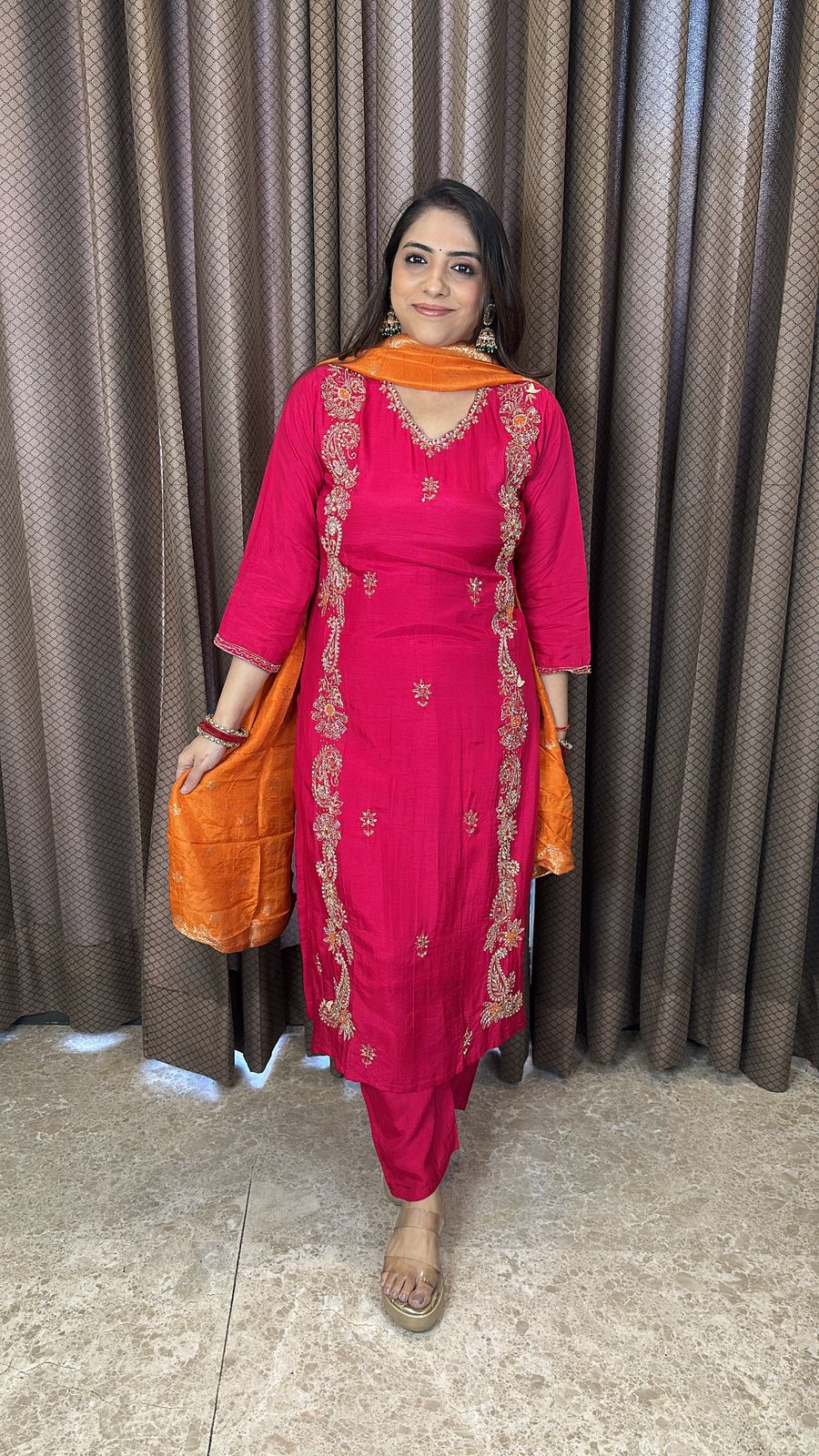 Rani Pink Embroidered Straight Suit with Contrast Orange Dupatta