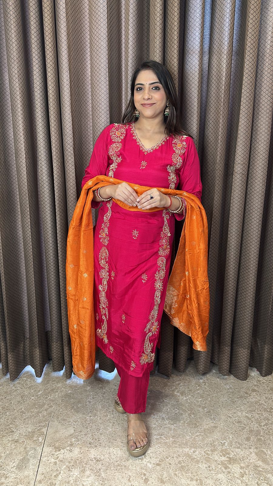 Rani Pink Embroidered Straight Suit with Contrast Orange Dupatta