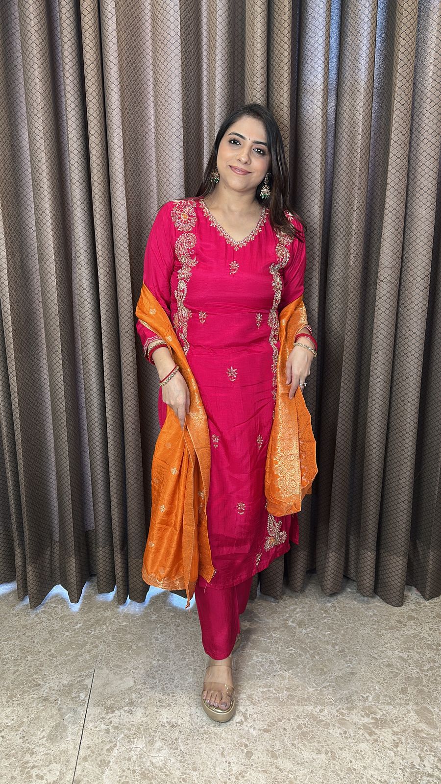 Rani Pink Embroidered Straight Suit with Contrast Orange Dupatta