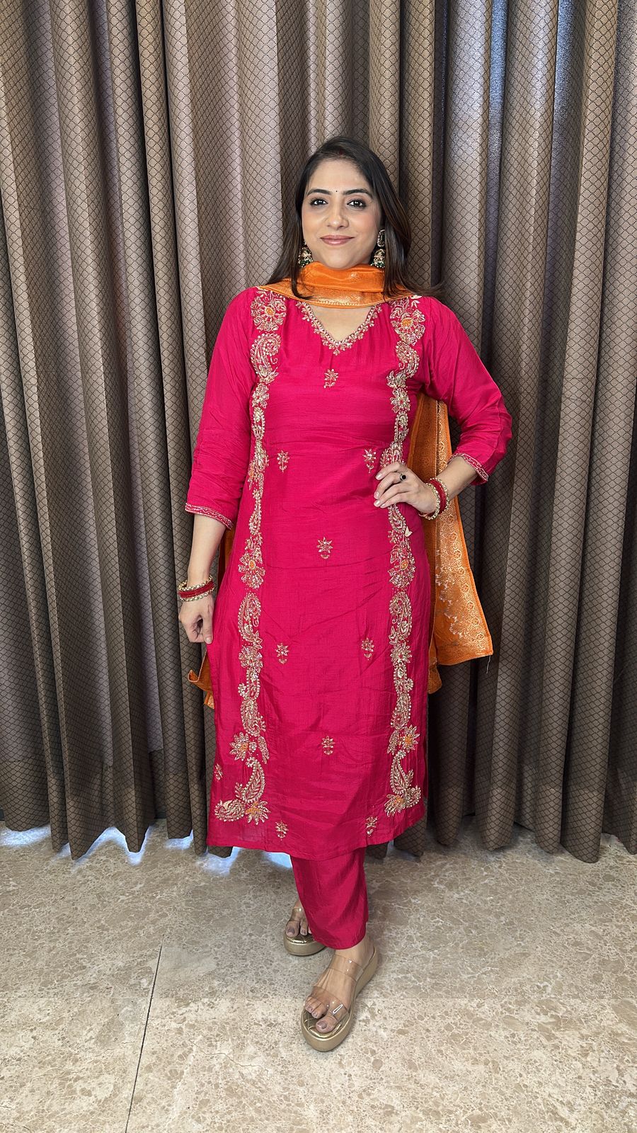 Rani Pink Embroidered Straight Suit with Contrast Orange Dupatta