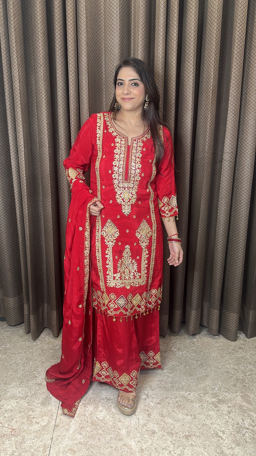 Red Heavy Embroidered Straight Suit with Dupatta