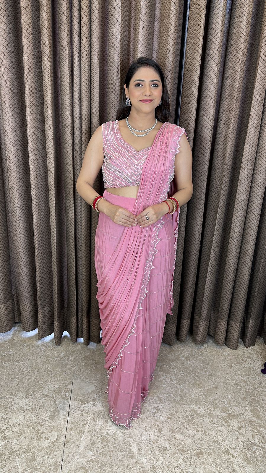 Elegant Pink Drape Saree with Embellished Cut-work