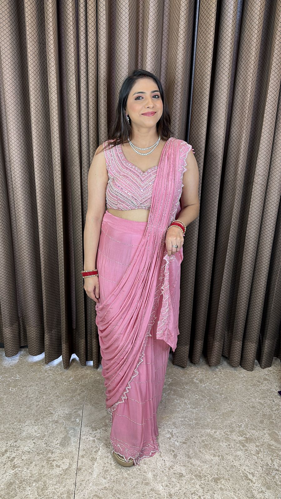 Elegant Pink Drape Saree with Embellished Cut-work