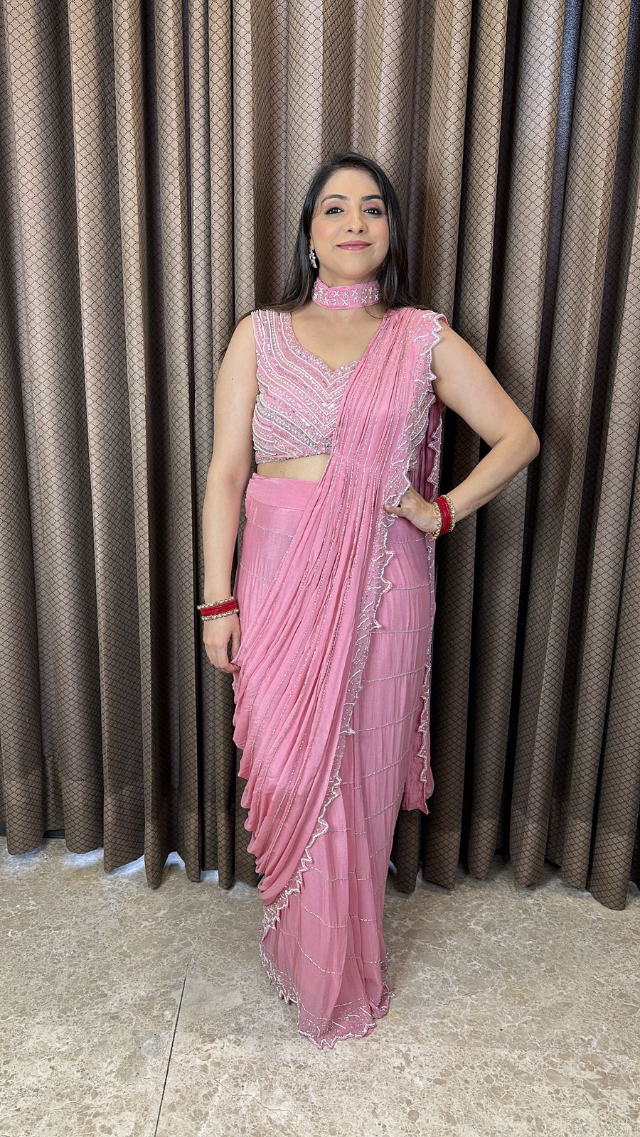 Elegant Pink Drape Saree with Embellished Cut-work