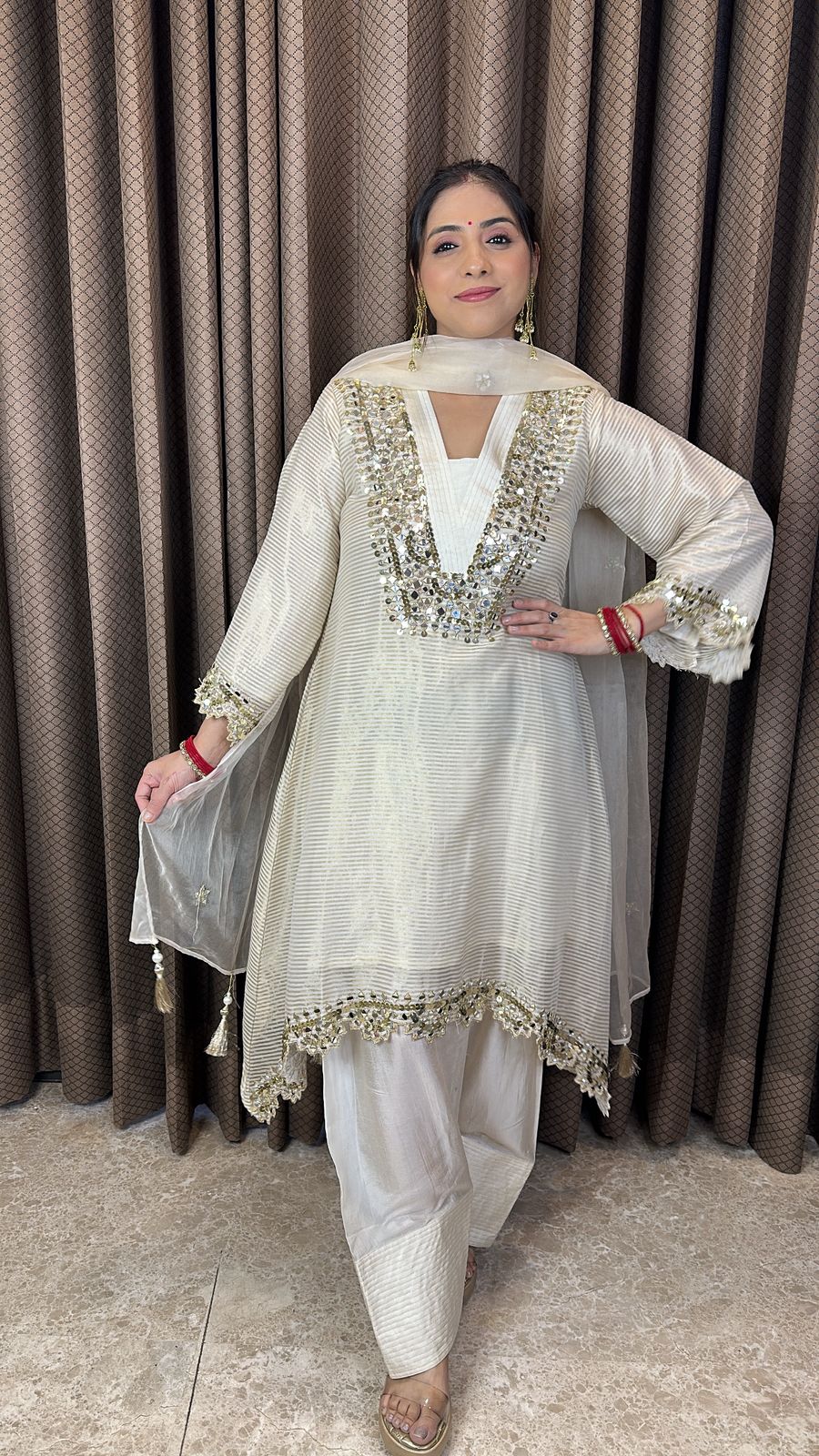 Ivory Mirror Work Kurta Set with Dupatta