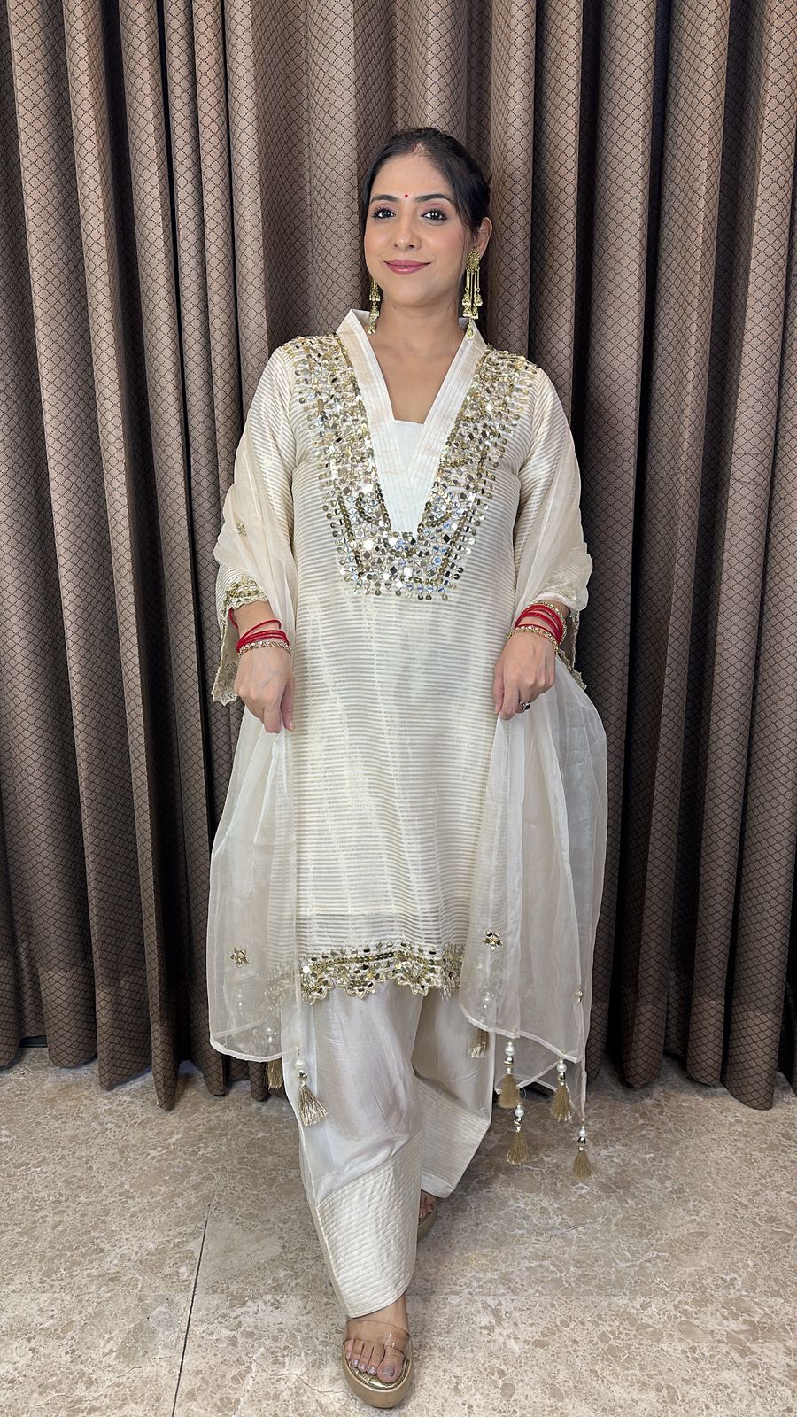 Ivory Mirror Work Kurta Set with Dupatta