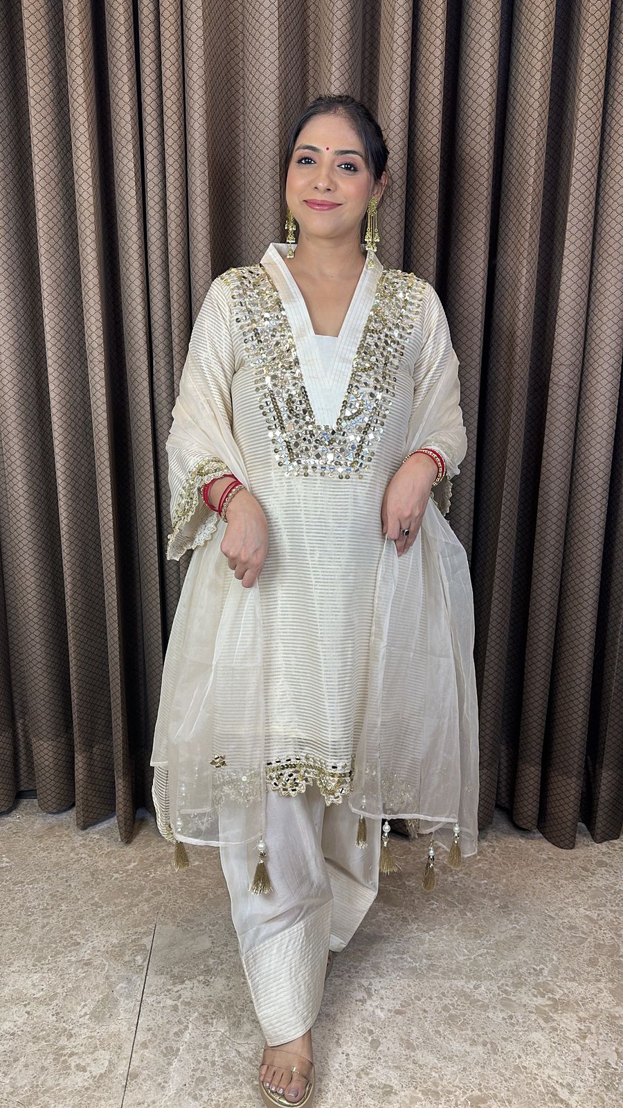 Ivory Mirror Work Kurta Set with Dupatta