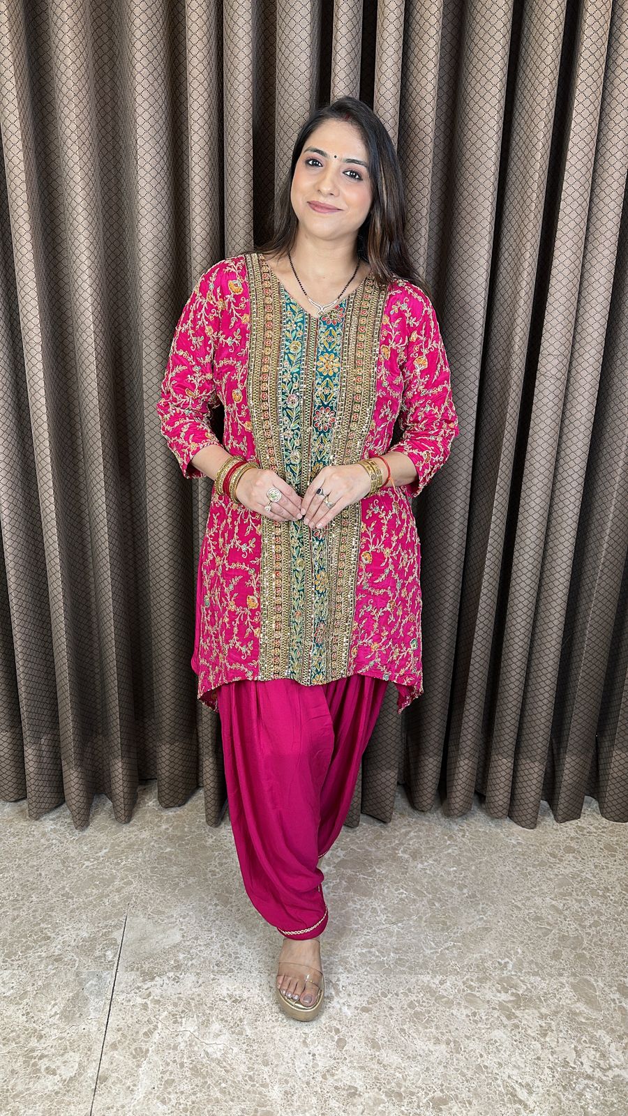 Rani Pink Embroidered Kurta with Farshi Salwar