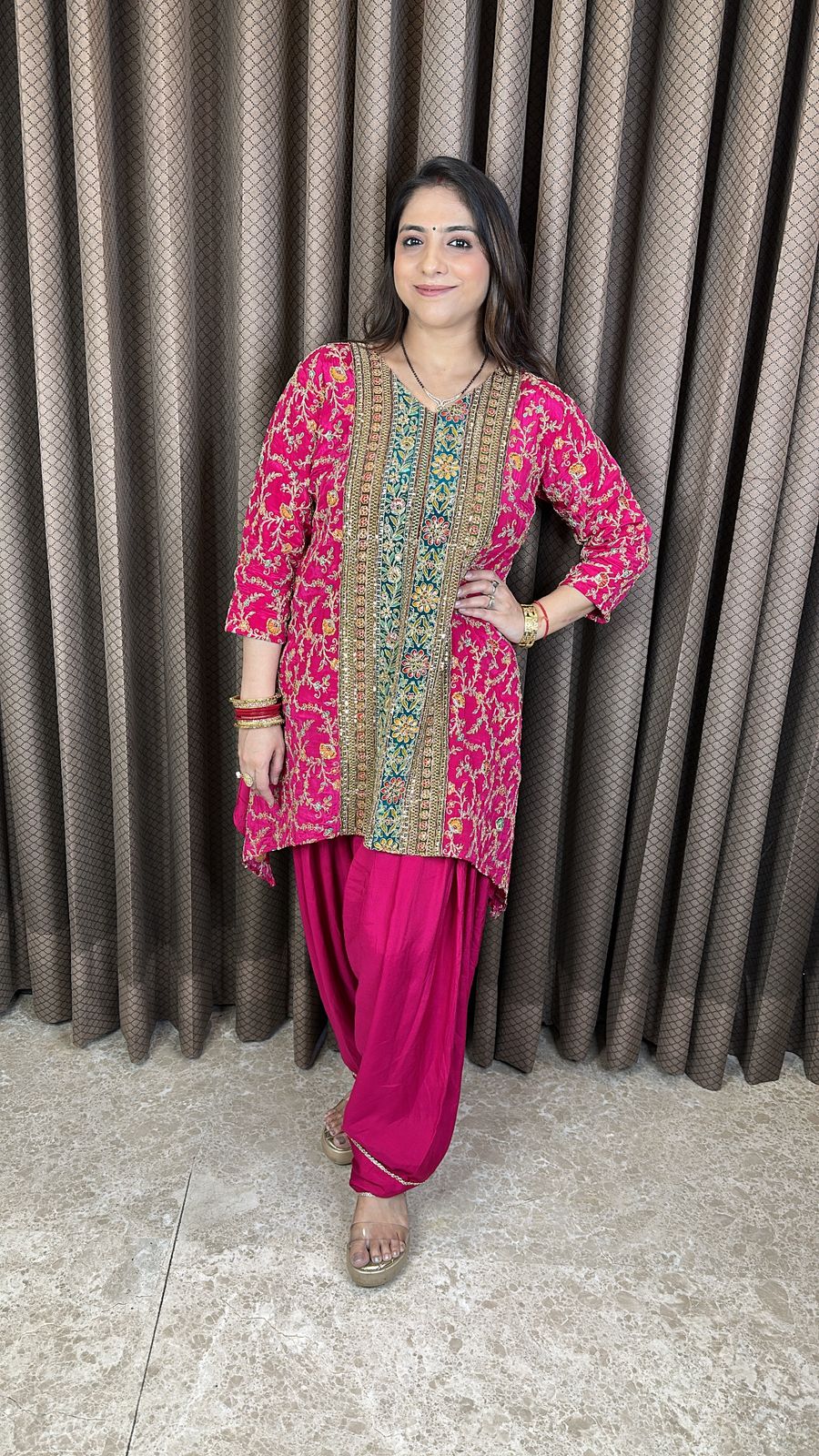 Rani Pink Embroidered Kurta with Farshi Salwar