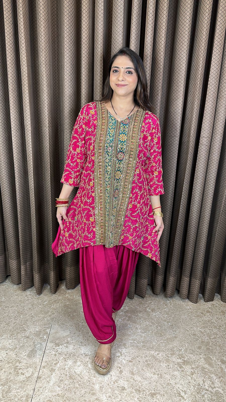 Rani Pink Embroidered Kurta with Farshi Salwar
