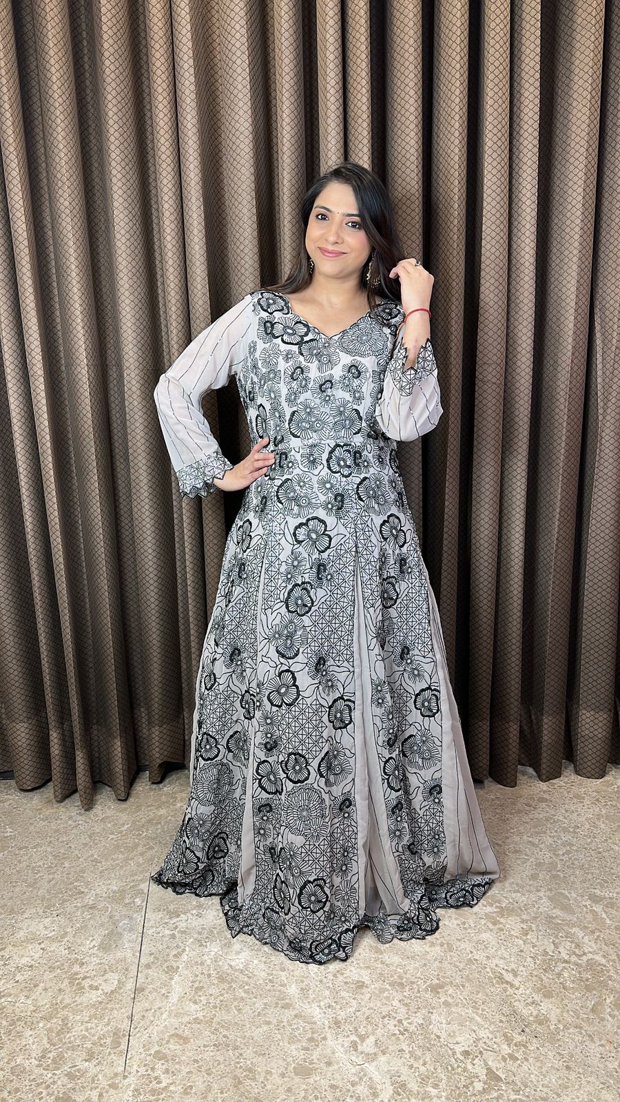 Black & White Floral Embroidered Anarkali Gown