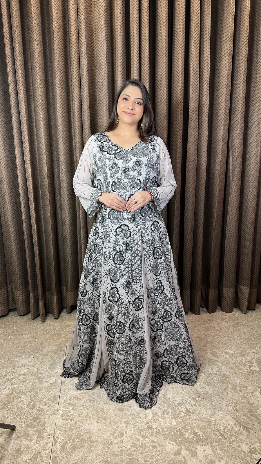 Black & White Floral Embroidered Anarkali Gown