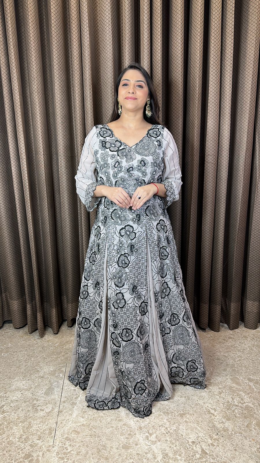 Black & White Floral Embroidered Anarkali Gown