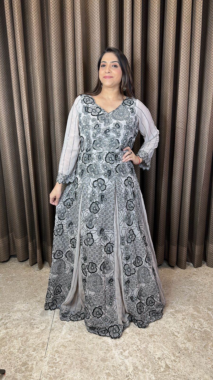 Black & White Floral Embroidered Anarkali Gown